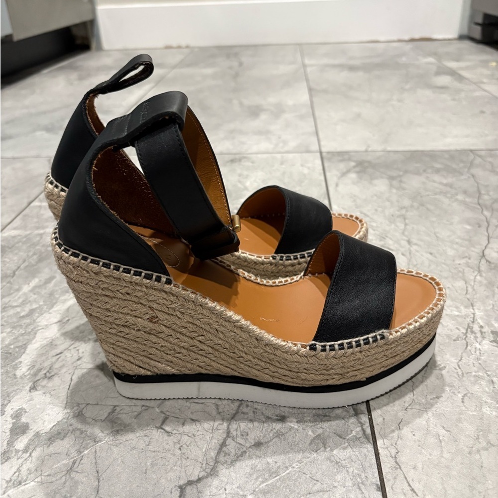 See By Chloe Black Leather and Tan Woven Espadrilles - Picture 5 of 7